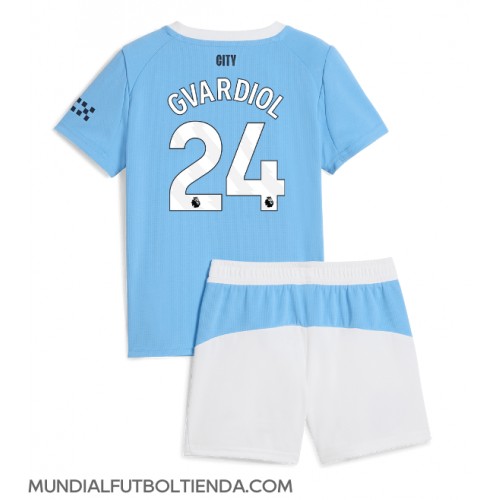 Camiseta Manchester City Josko Gvardiol #24 Primera Equipación Replica 2025-26 para niños mangas cortas (+ Pantalones cortos)
